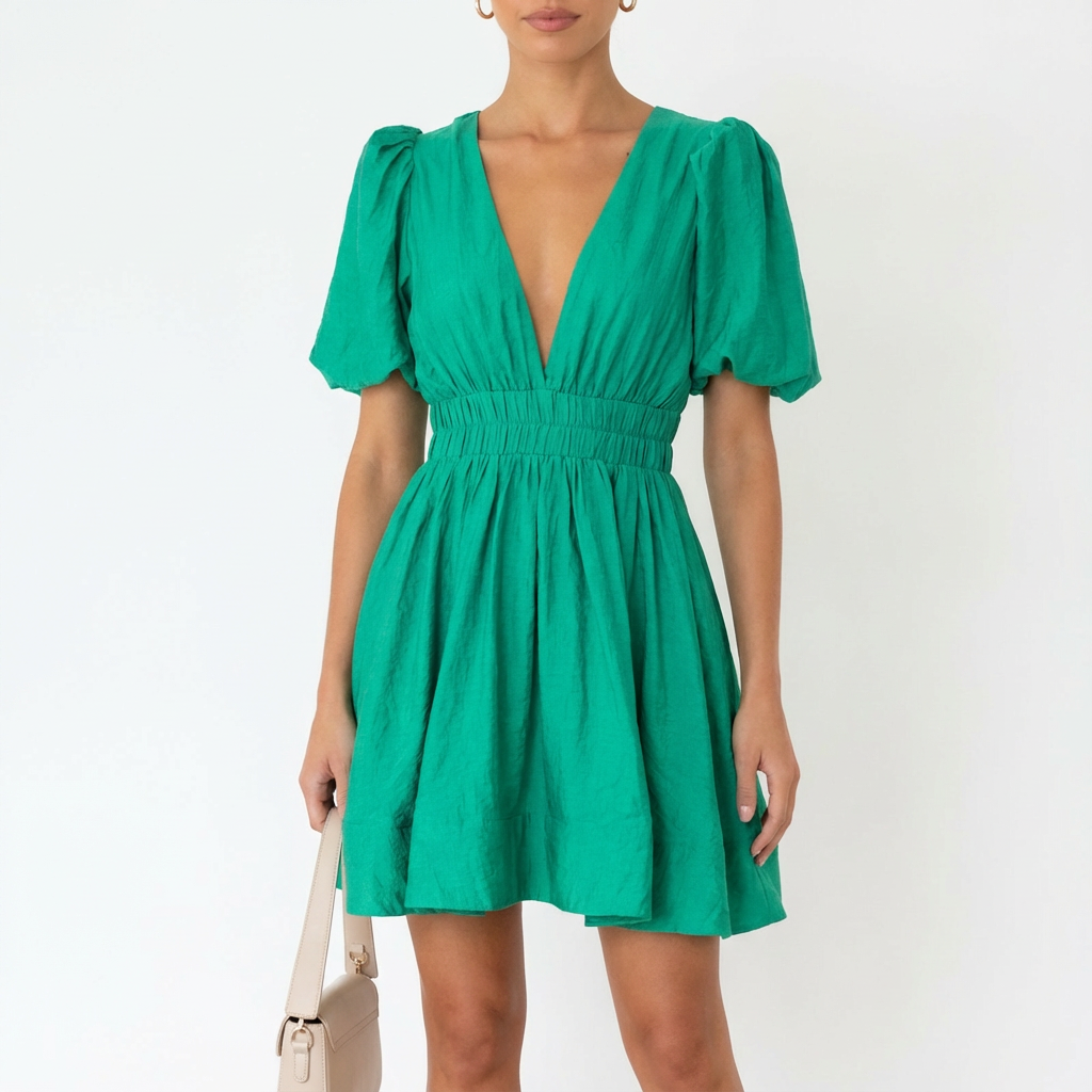 Luna | Mujer Vestido Mini Con Mangas Abullonadas Y Escote En V | Romántico