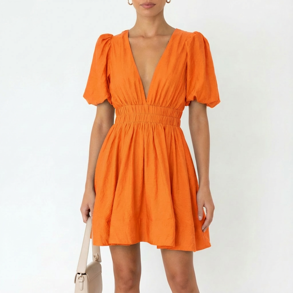 Luna | Mujer Vestido Mini Con Mangas Abullonadas Y Escote En V | Romántico