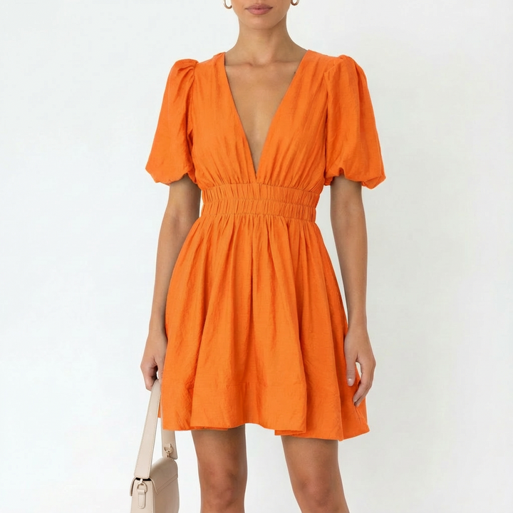 Luna | Mujer Vestido Mini Con Mangas Abullonadas Y Escote En V | Romántico