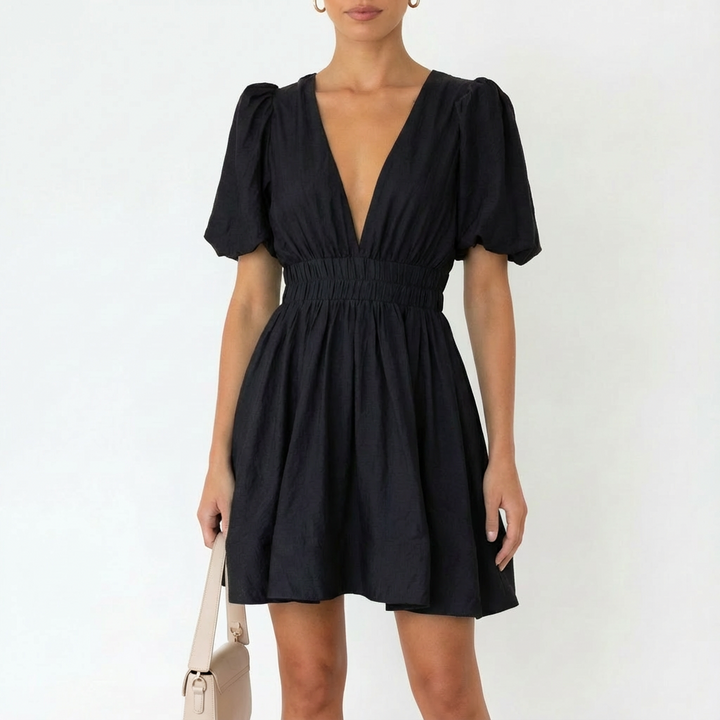 Luna | Mujer Vestido Mini Con Mangas Abullonadas Y Escote En V | Romántico