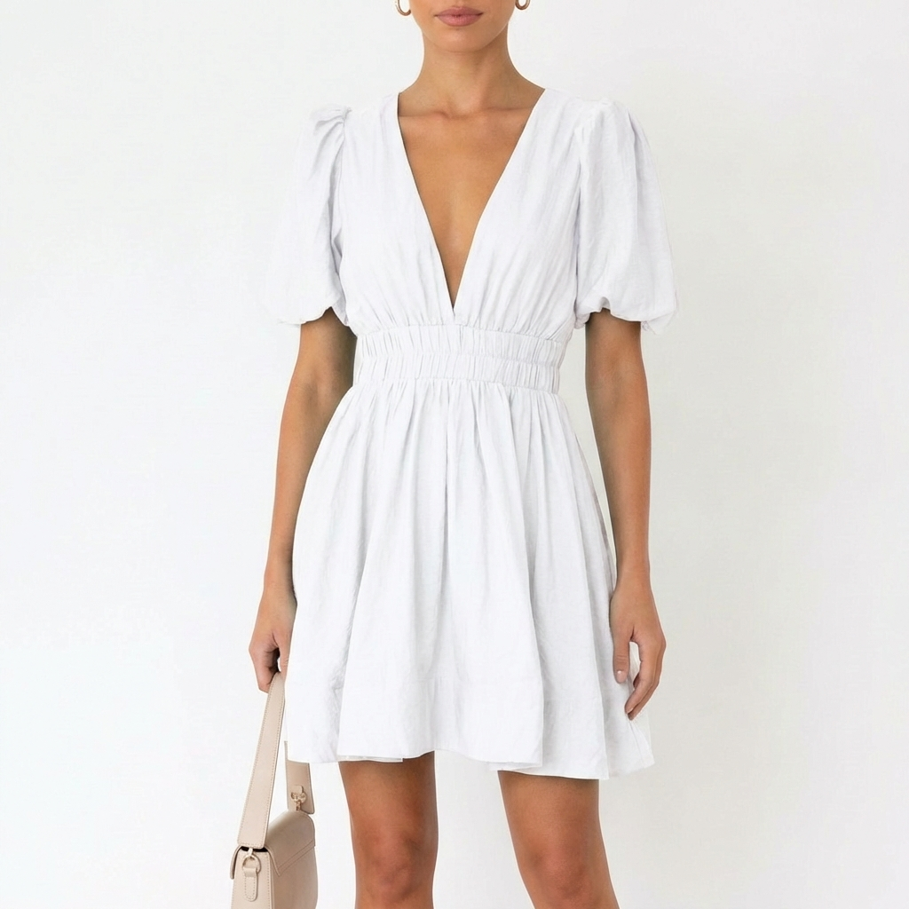 Luna | Mujer Vestido Mini Con Mangas Abullonadas Y Escote En V | Romántico