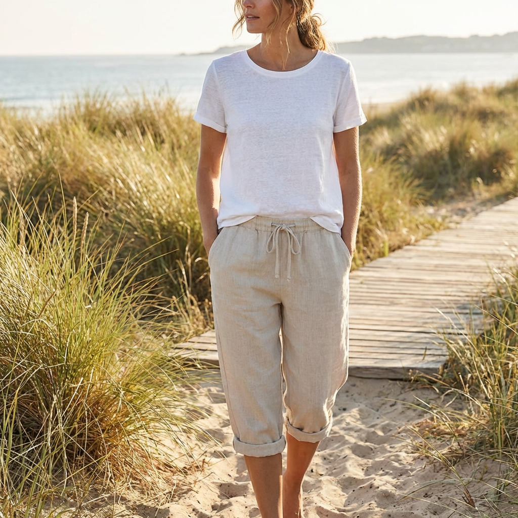 Luna | Pantalón Capri Mujer Con Cintura Con Cordón Y Bajo Doblado | Casual