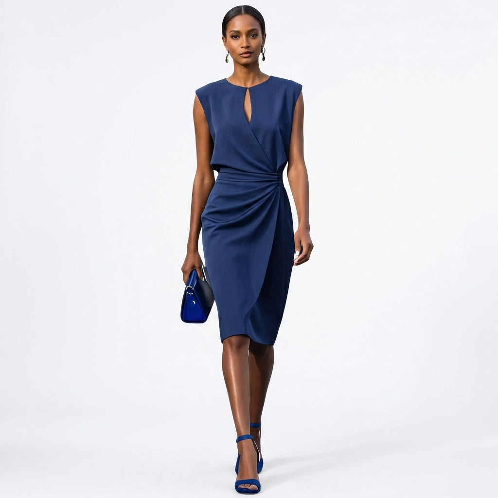 Mencía | Mujer Vestido Midi Drapeado Sin Mangas Elegante