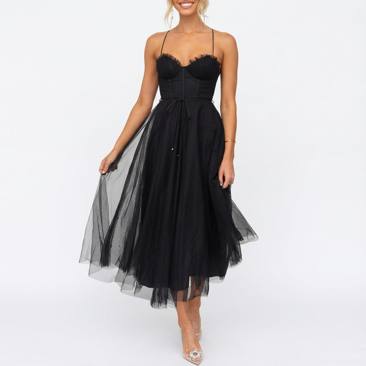 Rona | Vestido midi acampanado con tirantes finos para mujer