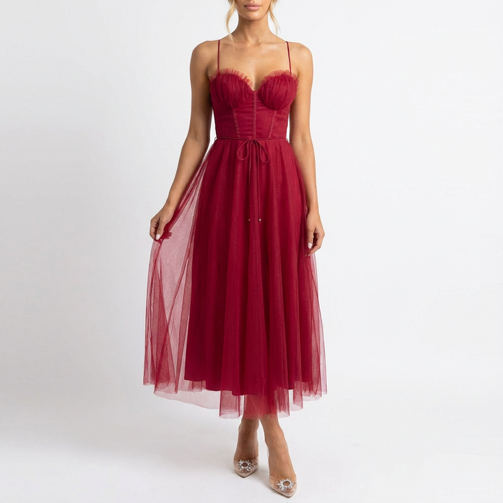 Rona | Vestido midi acampanado con tirantes finos para mujer