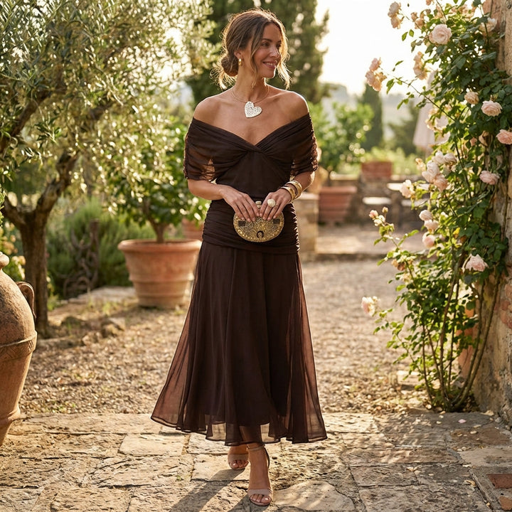 Severina | Mujer Vestido Maxi Drapeado Hombros Caídos