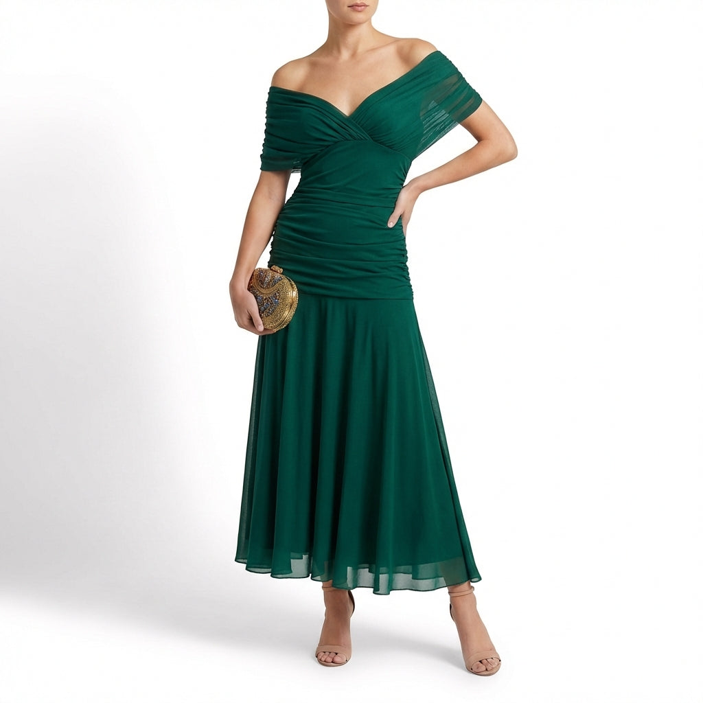 Severina | Mujer Vestido Maxi Drapeado Hombros Caídos