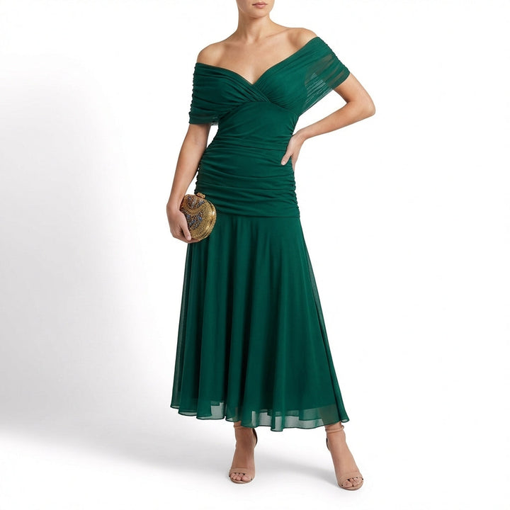 Severina | Mujer Vestido Maxi Drapeado Hombros Caídos