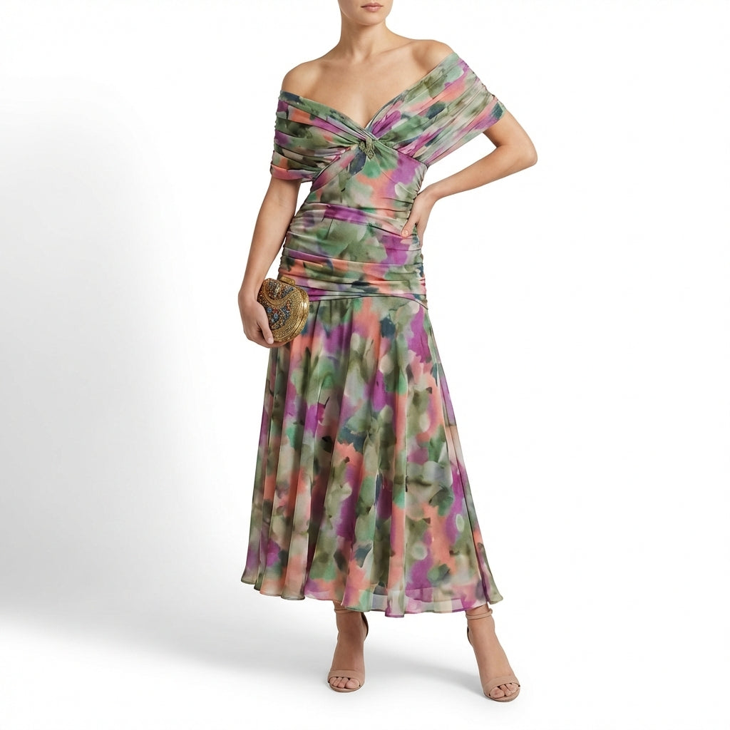 Severina | Mujer Vestido Maxi Drapeado Hombros Caídos