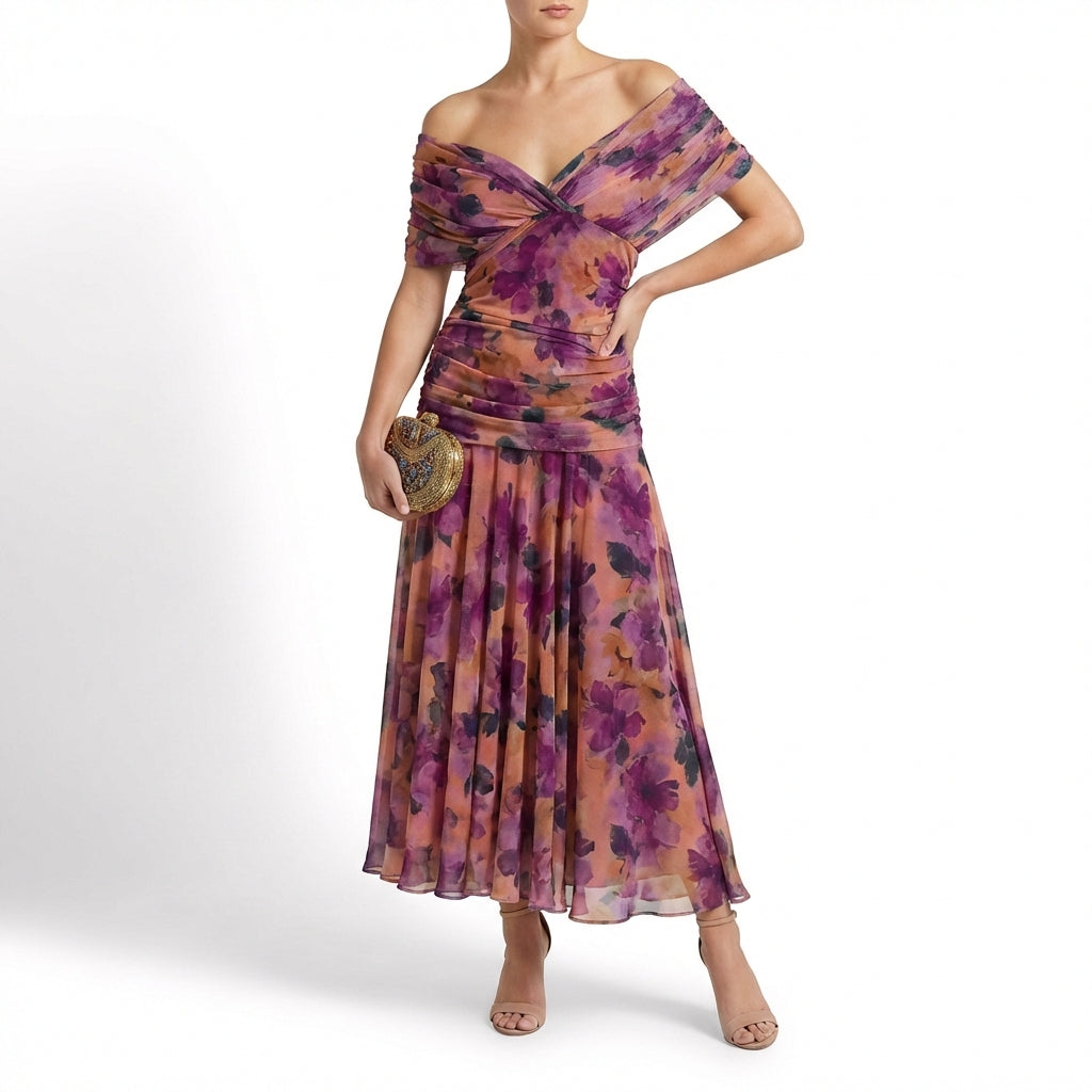 Severina | Mujer Vestido Maxi Drapeado Hombros Caídos