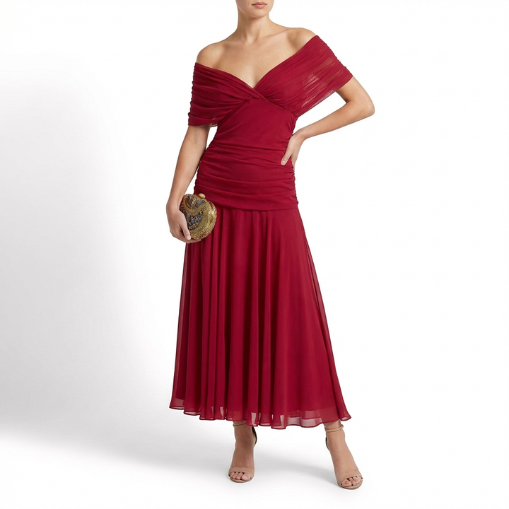 Severina | Mujer Vestido Maxi Drapeado Hombros Caídos