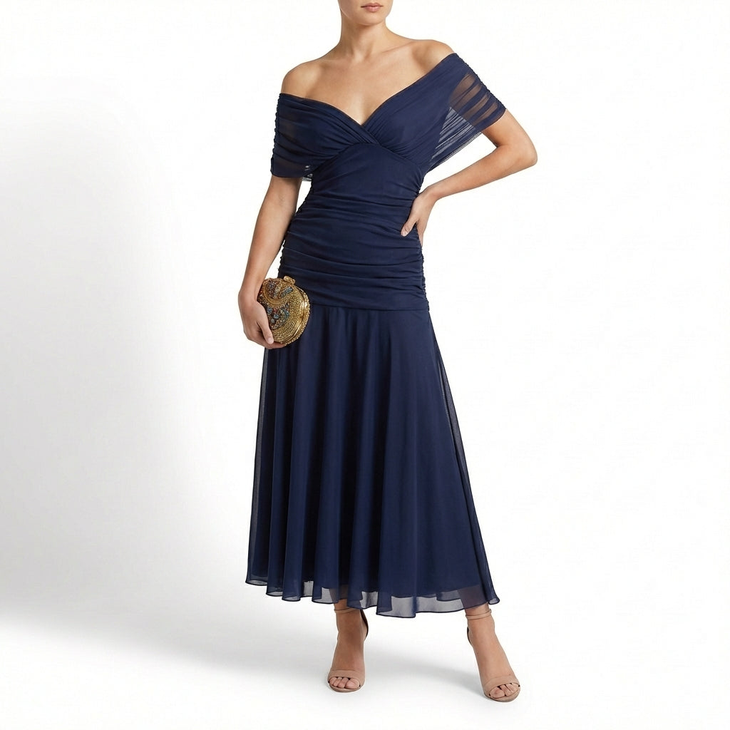 Severina | Mujer Vestido Maxi Drapeado Hombros Caídos