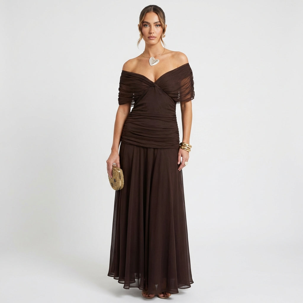Severina | Mujer Vestido Maxi Drapeado Hombros Caídos