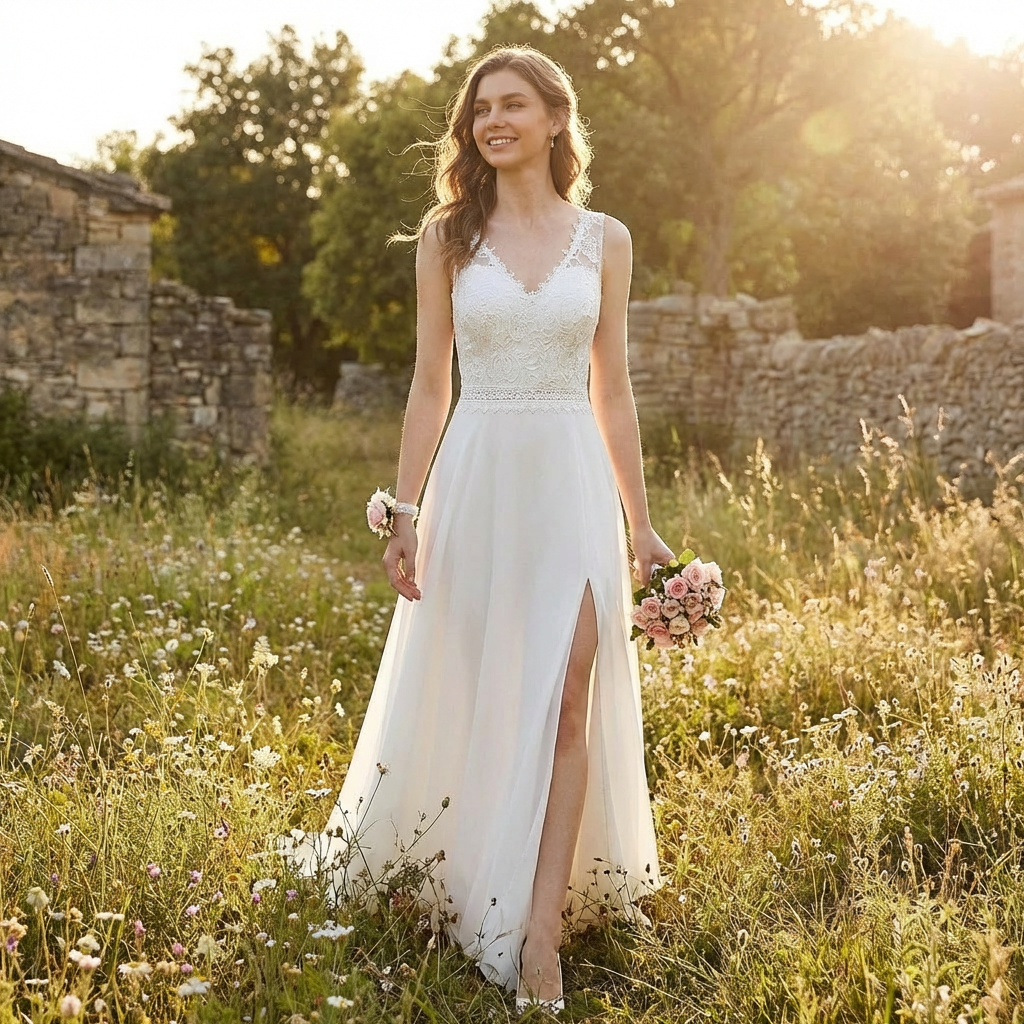 Sofia | Mujer Blanco Vestido Maxi Con Corpiño De Encaje Y Abertura Lateral | Nupcial