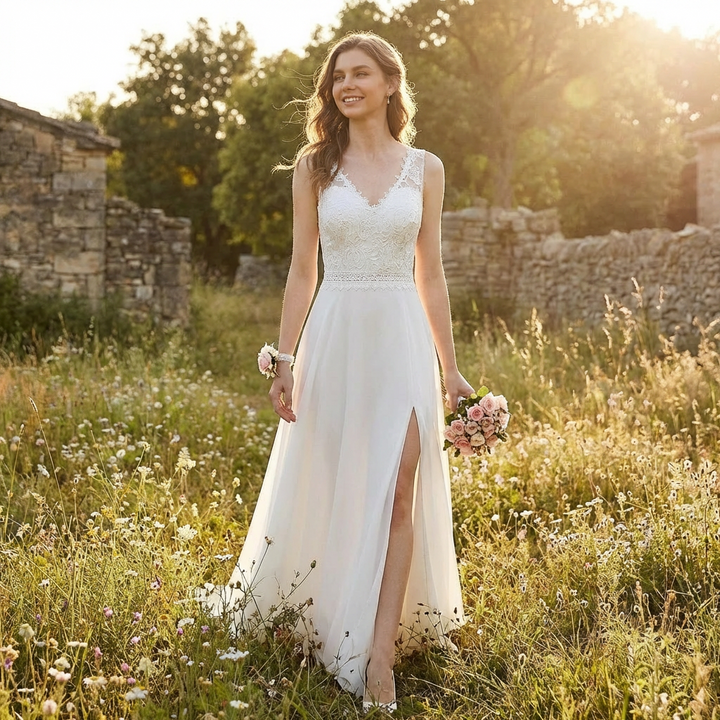 Sofia | Mujer Blanco Vestido Maxi Con Corpiño De Encaje Y Abertura Lateral | Nupcial