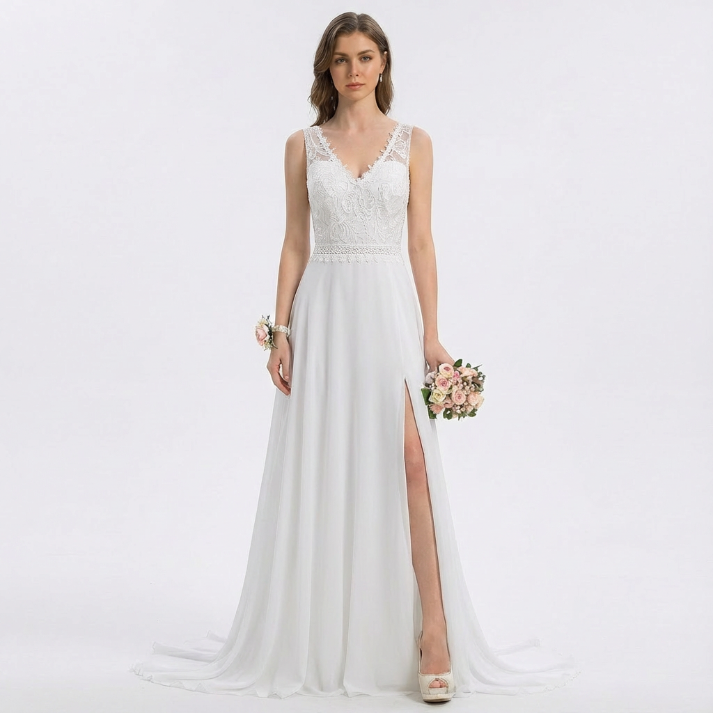Sofia | Mujer Blanco Vestido Maxi Con Corpiño De Encaje Y Abertura Lateral | Nupcial