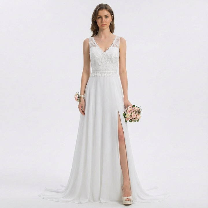 Sofia | Mujer Blanco Vestido Maxi Con Corpiño De Encaje Y Abertura Lateral | Nupcial