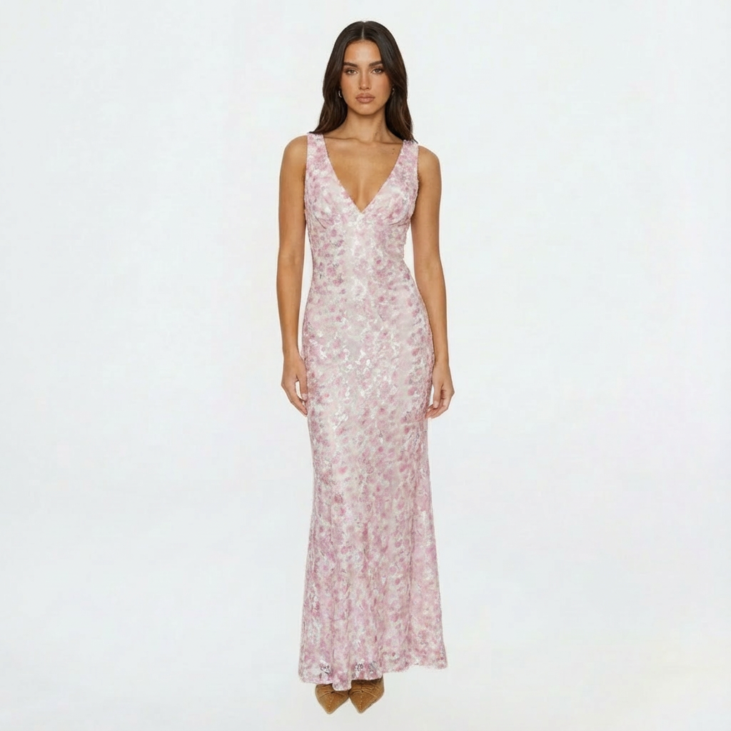 Sofia | Mujer Rosa Vestido Maxi Con Estampado Floral Y Escote En V | Romántico