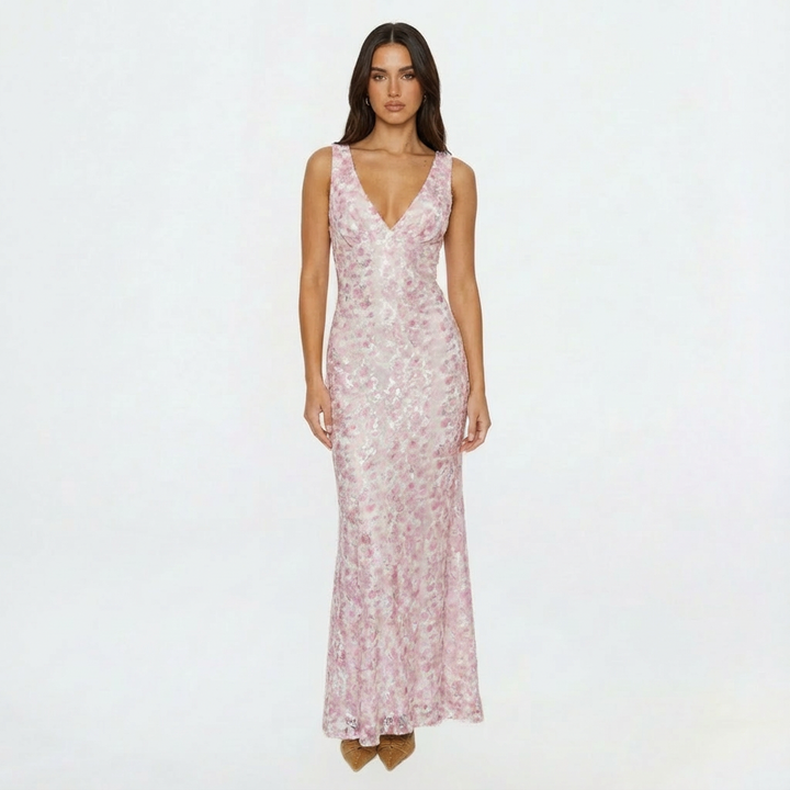 Sofia | Mujer Rosa Vestido Maxi Con Estampado Floral Y Escote En V | Romántico