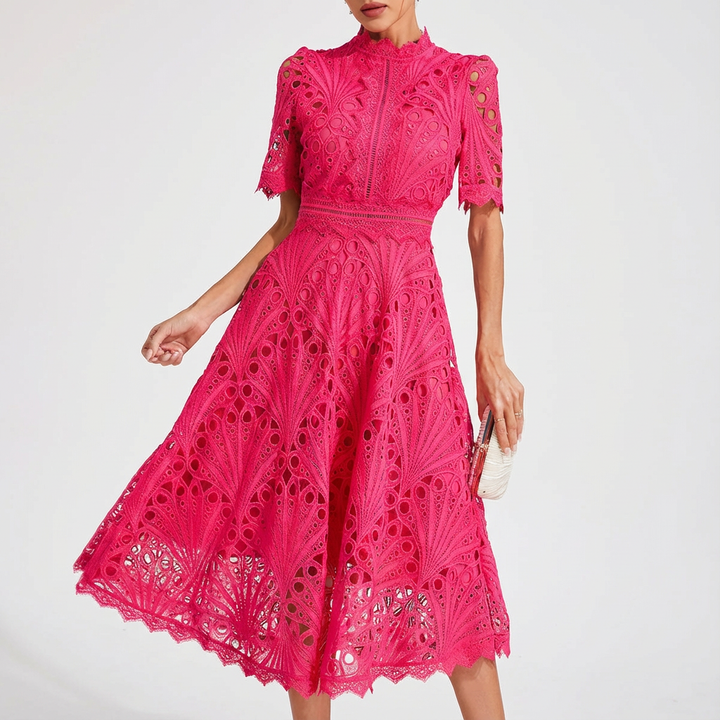 Sofia | Mujer Vestido Midi Con Bordado Inglés Y Cuello Alto | Elegante