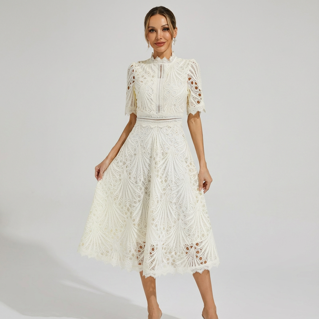 Sofia | Mujer Vestido Midi Con Bordado Inglés Y Cuello Alto | Elegante