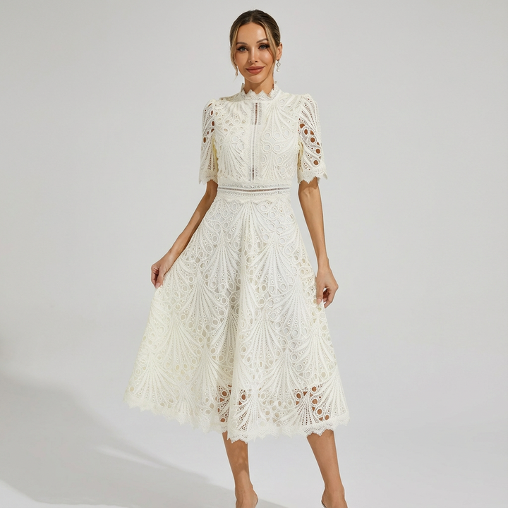 Sofia | Mujer Vestido Midi Con Bordado Inglés Y Cuello Alto | Elegante