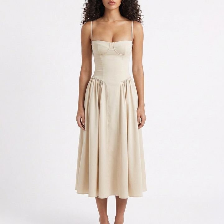 Sofia | Mujer Vestido Midi Con Corpiño Corsé Y Tirantes Finos | Romántico