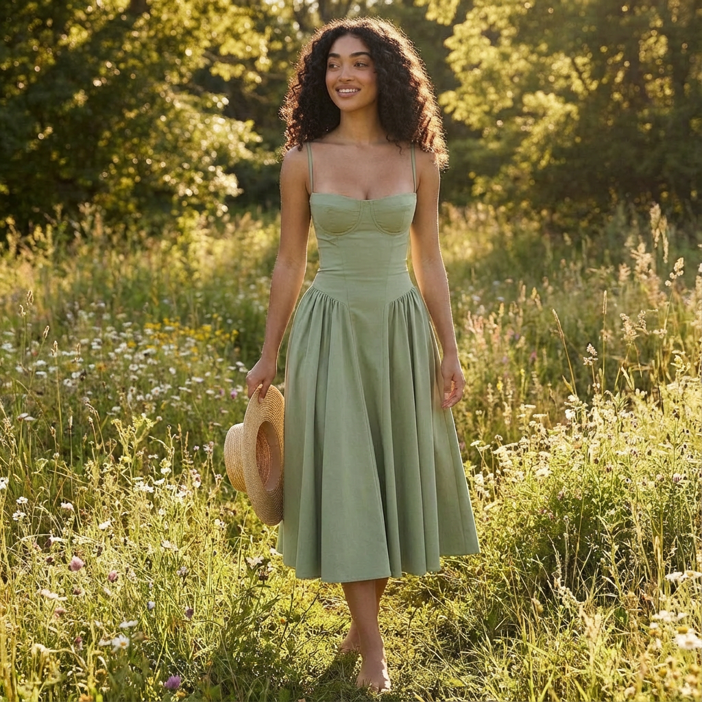 Sofia | Mujer Vestido Midi Con Corpiño Corsé Y Tirantes Finos | Romántico