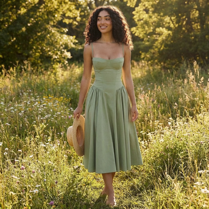 Sofia | Mujer Vestido Midi Con Corpiño Corsé Y Tirantes Finos | Romántico