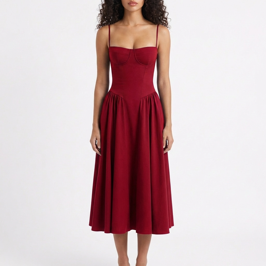 Sofia | Mujer Vestido Midi Con Corpiño Corsé Y Tirantes Finos | Romántico