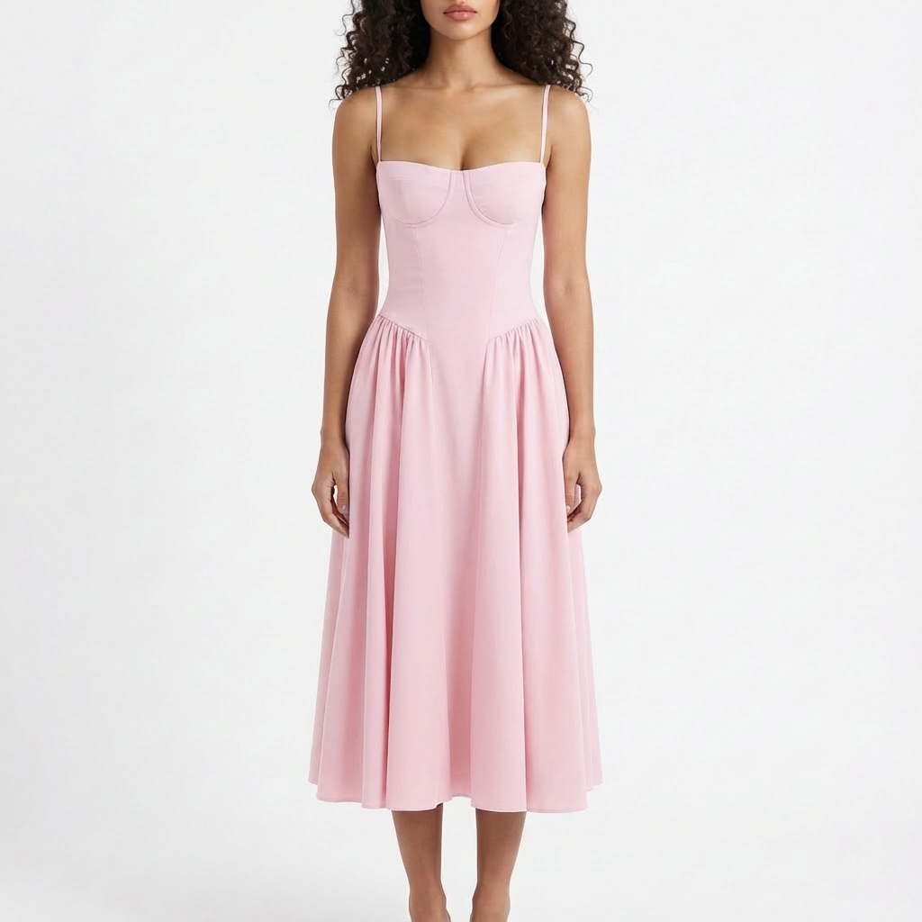 Sofia | Mujer Vestido Midi Con Corpiño Corsé Y Tirantes Finos | Romántico