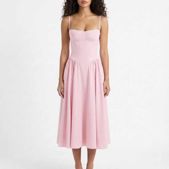 Sofia | Mujer Vestido Midi Con Corpiño Corsé Y Tirantes Finos | Romántico