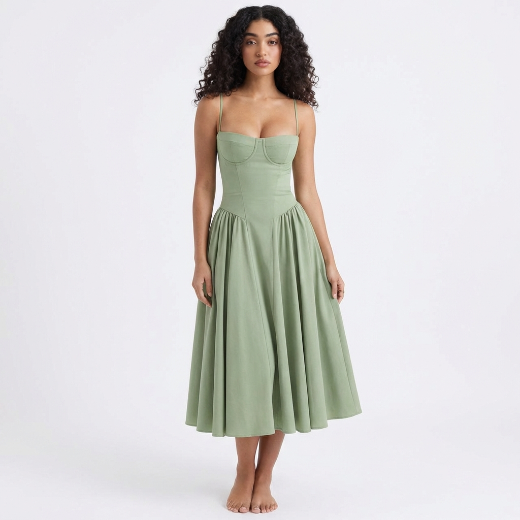 Sofia | Mujer Vestido Midi Con Corpiño Corsé Y Tirantes Finos | Romántico
