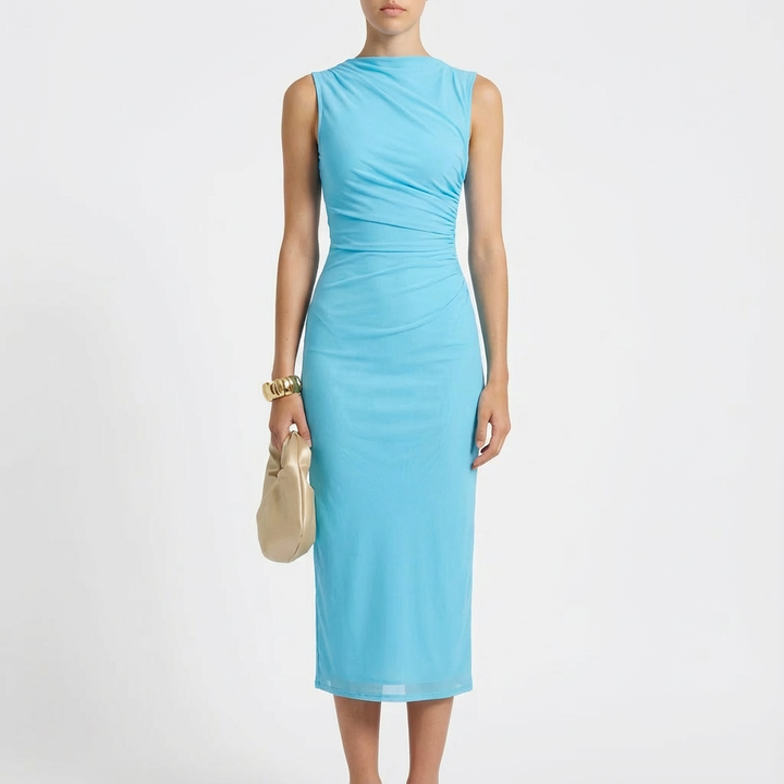 Sofia | Mujer Vestido Midi Con Efecto Degradado Y Detalle Drapeado | Elegante