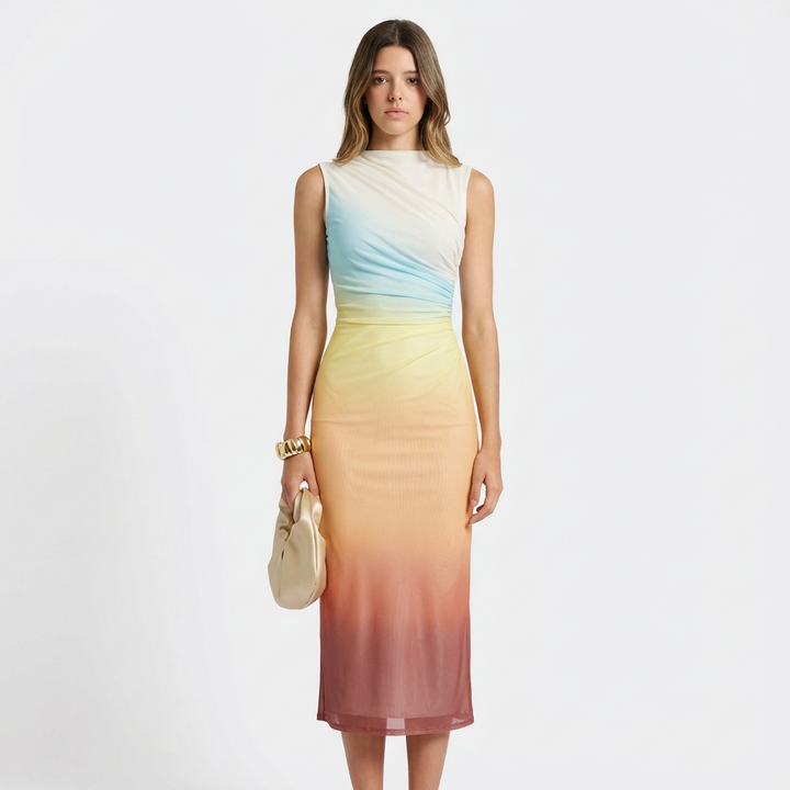 Sofia | Mujer Vestido Midi Con Efecto Degradado Y Detalle Drapeado | Elegante