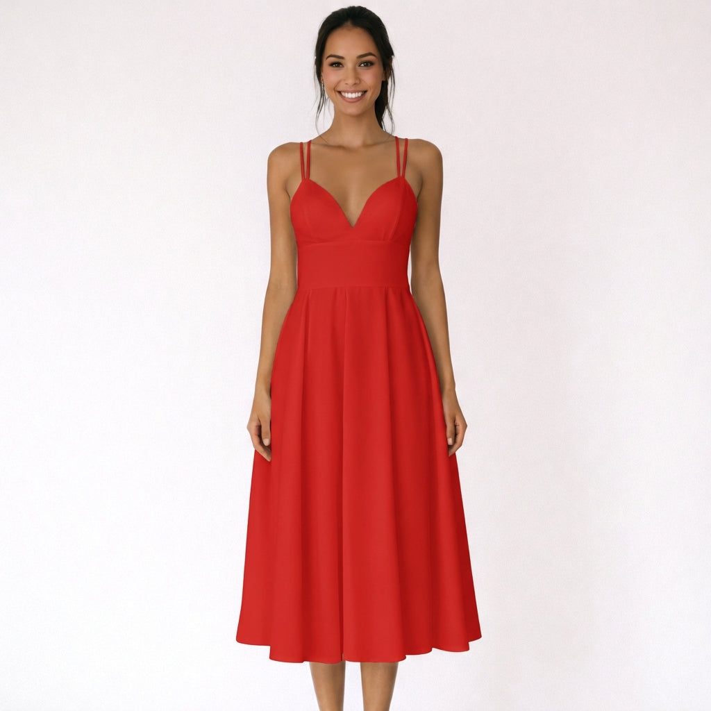 Sofia | Mujer Vestido Midi Con Escote En V Y Tirantes Finos | Elegante