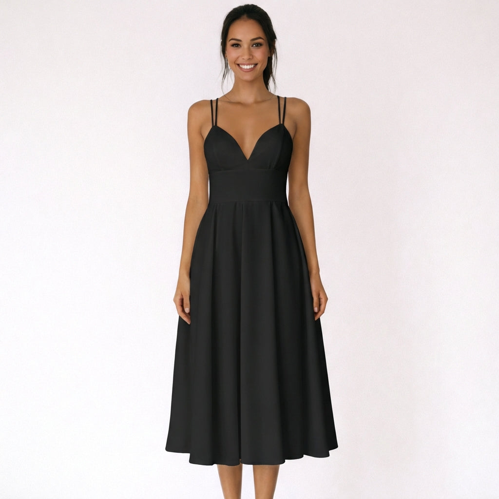 Sofia | Mujer Vestido Midi Con Escote En V Y Tirantes Finos | Elegante