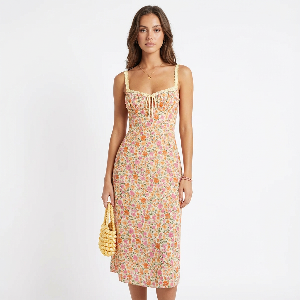 Sofia | Mujer Naranja Vestido Midi Con Estampado Floral Y Escote Corazón | Romántico