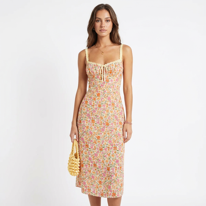 Sofia | Mujer Naranja Vestido Midi Con Estampado Floral Y Escote Corazón | Romántico