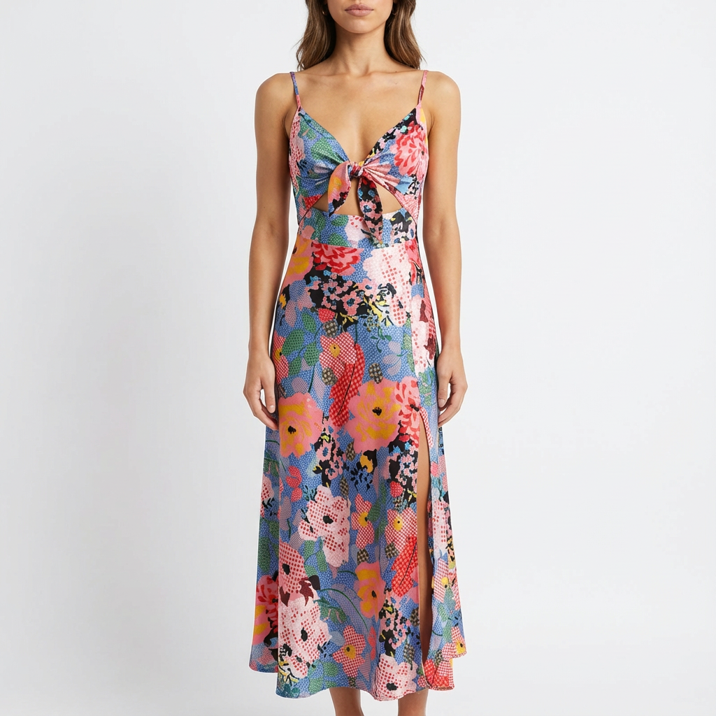 Sofia | Mujer Vestido Midi Con Estampado Floral Y Lazo Frontal | Boho