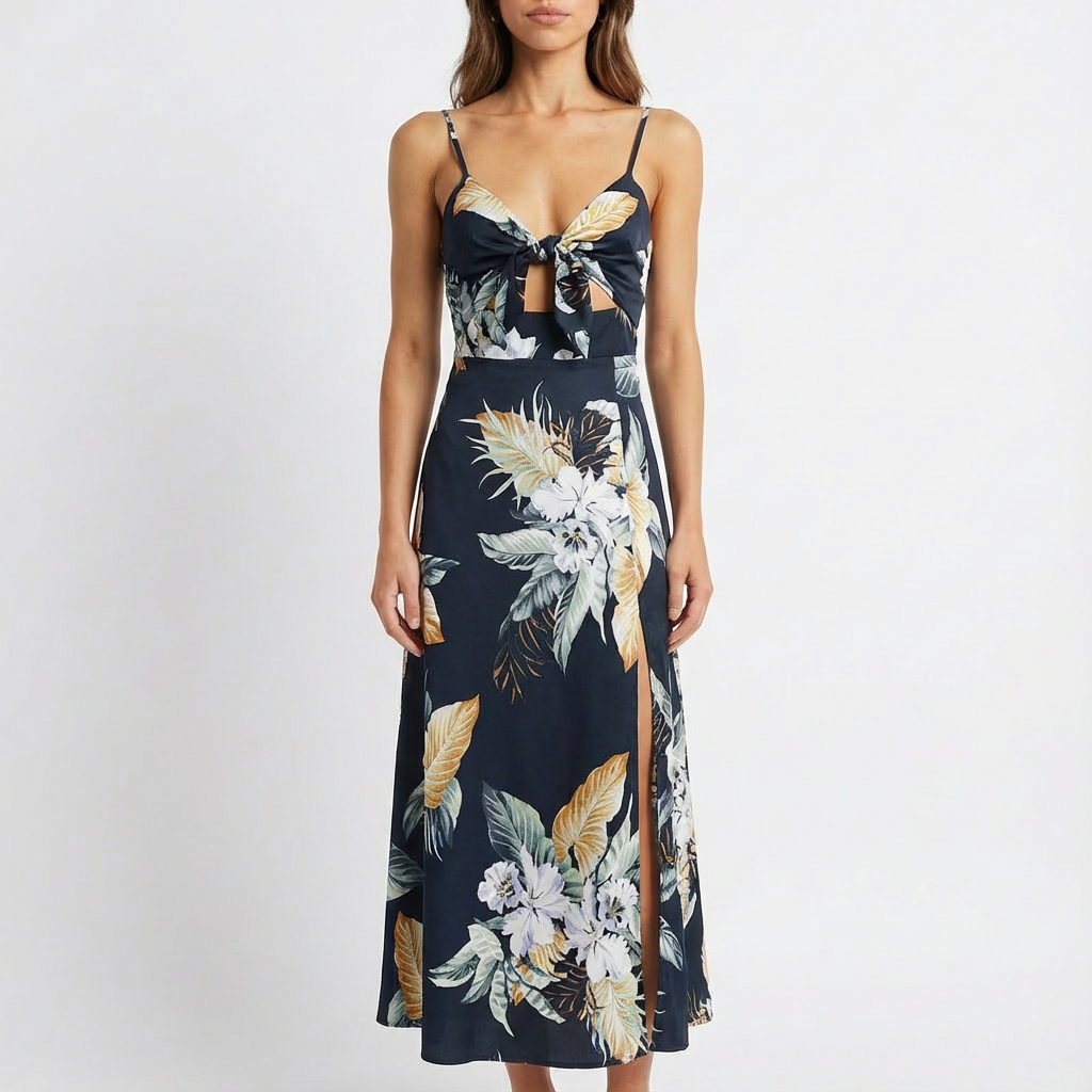 Sofia | Mujer Vestido Midi Con Estampado Floral Y Lazo Frontal | Boho
