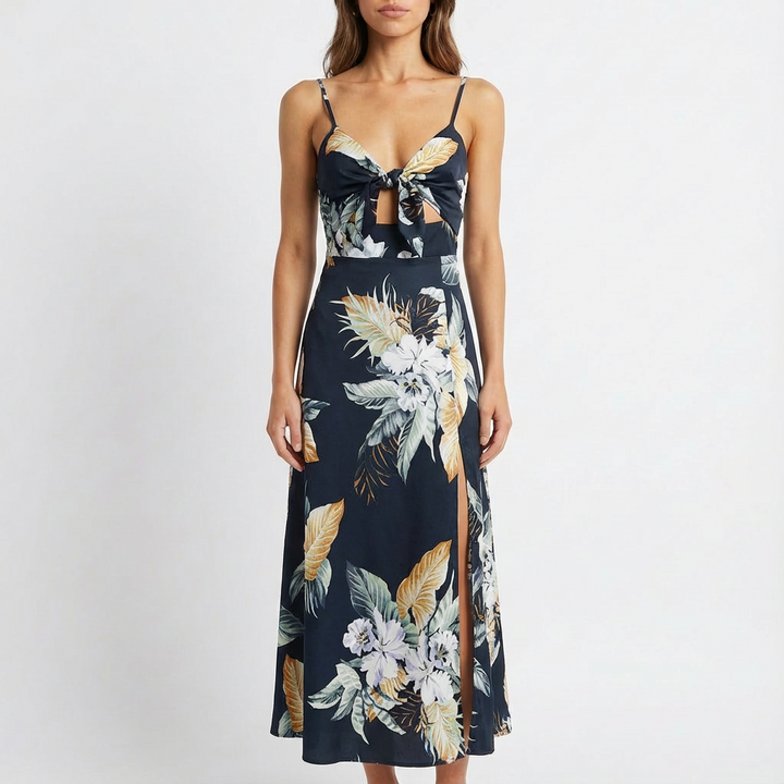 Sofia | Mujer Vestido Midi Con Estampado Floral Y Lazo Frontal | Boho