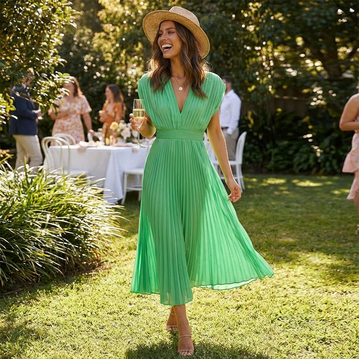 Sofia | Mujer Vestido Midi Con Tejido Plisado Y Escote En V | Elegante