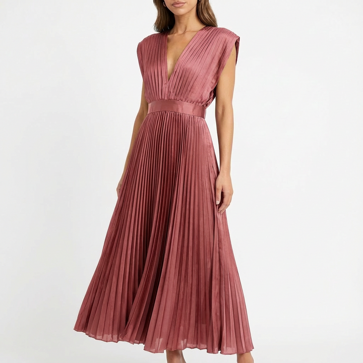 Sofia | Mujer Vestido Midi Con Tejido Plisado Y Escote En V | Elegante