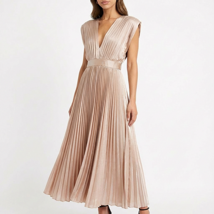Sofia | Mujer Vestido Midi Con Tejido Plisado Y Escote En V | Elegante
