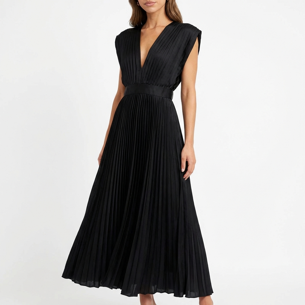 Sofia | Mujer Vestido Midi Con Tejido Plisado Y Escote En V | Elegante