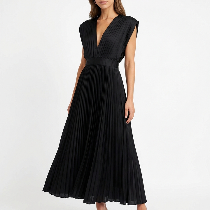 Sofia | Mujer Vestido Midi Con Tejido Plisado Y Escote En V | Elegante