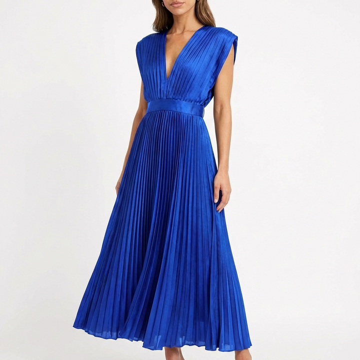 Sofia | Mujer Vestido Midi Con Tejido Plisado Y Escote En V | Elegante