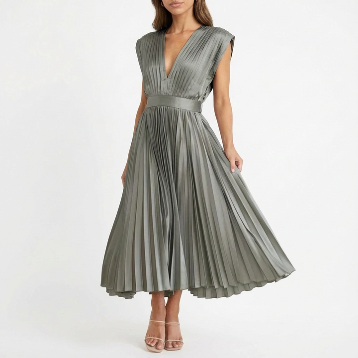 Sofia | Mujer Vestido Midi Con Tejido Plisado Y Escote En V | Elegante