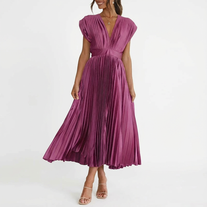 Sofia | Mujer Vestido Midi Con Tejido Plisado Y Escote En V | Elegante